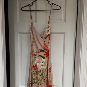 Lulu's Blush Floral Midi Slip Dress with Red & Green Accents
